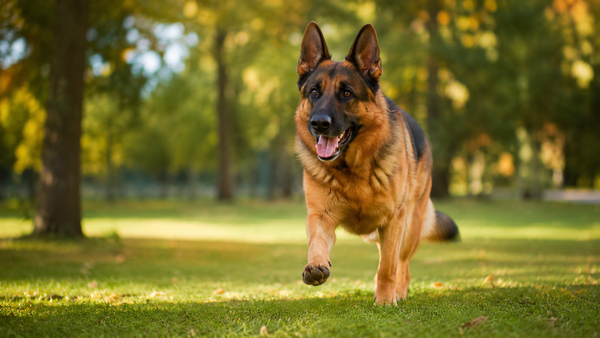 An active German Shepherd trotting strongly across a sunlit park, showing healthy joint mobility