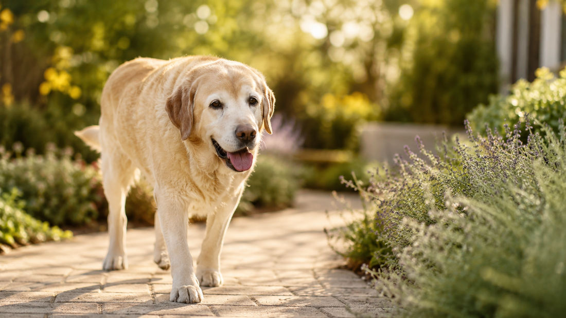 A senior yellow Labrador walking comfortably along a sunlit garden path lined with lavender