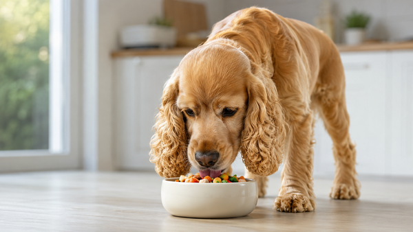 A happy Cocker Spaniel eating fresh colorful food from a clean white ceramic bowl in a bright sunlit kitchen
