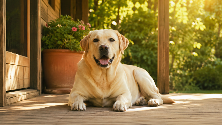 Labrador Retriever relaxing on a sunny wooden porch