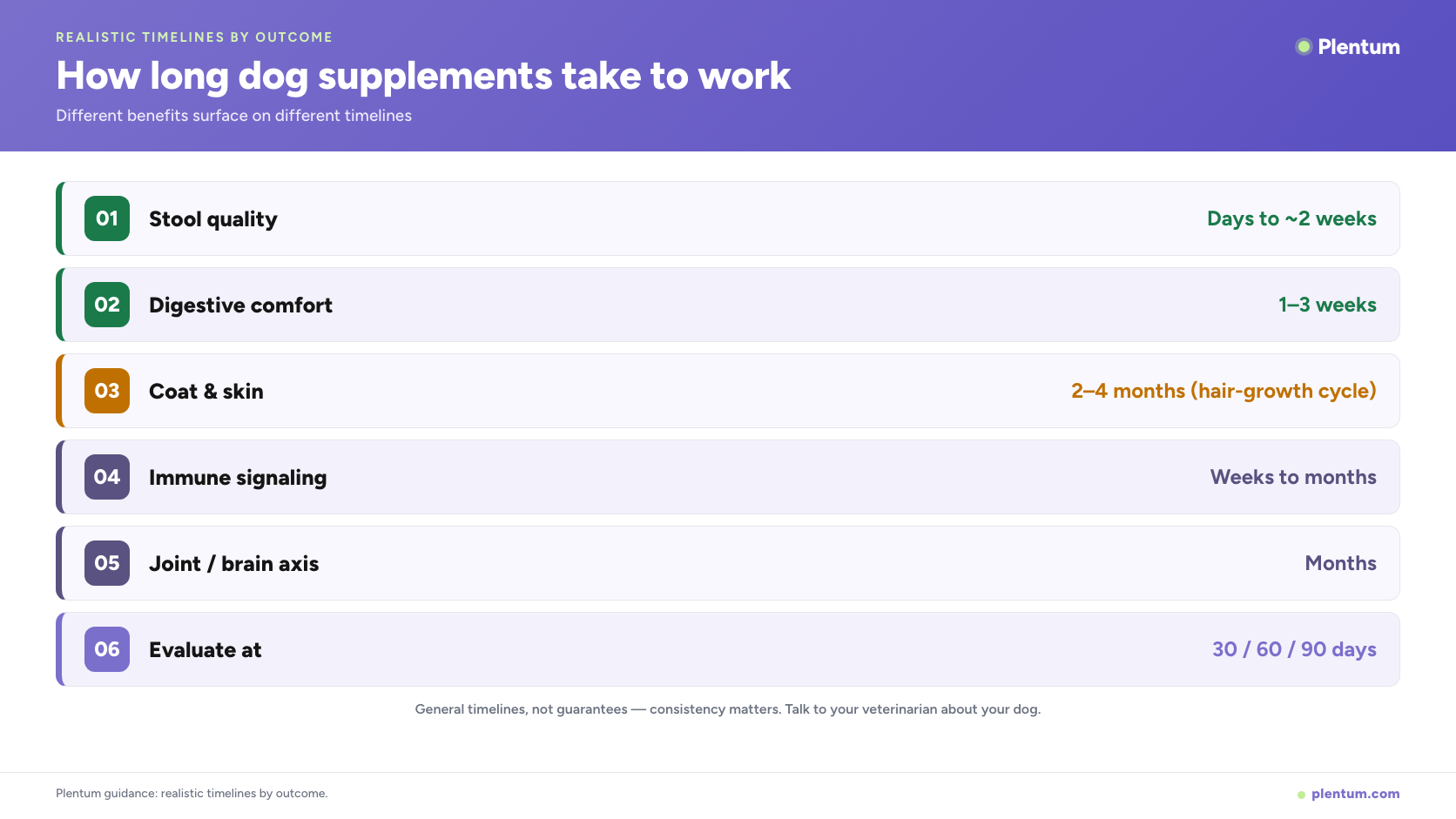 Plentum infographic timeline showing how long dog supplements take to work by outcome: stool quality in days to two weeks, digestive comfort in 1-3 weeks, coat and skin in 2-4 months, immune and joint over months, evaluate at 30, 60, 90 days.