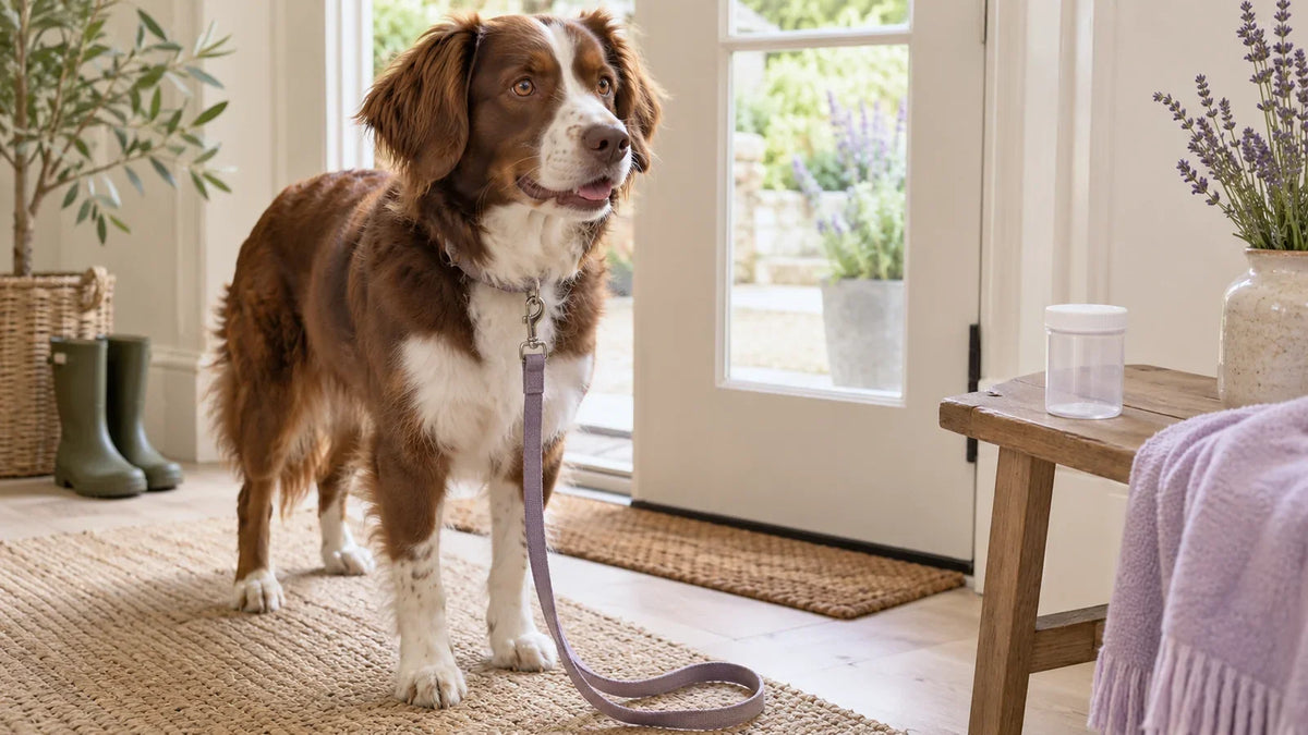 Brown and white dog near a back door with a leash and clean sample container nearby.