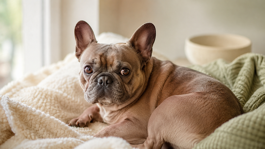 A calm fawn French Bulldog curled and relaxed on a soft cream blanket in warm light, illustrating how to naturally soothe an anxious dog
