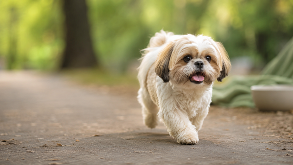 Active healthy Shih Tzu trotting mid-stride on a park path with strong joints, illustrating how to find the best joint supplement for dogs