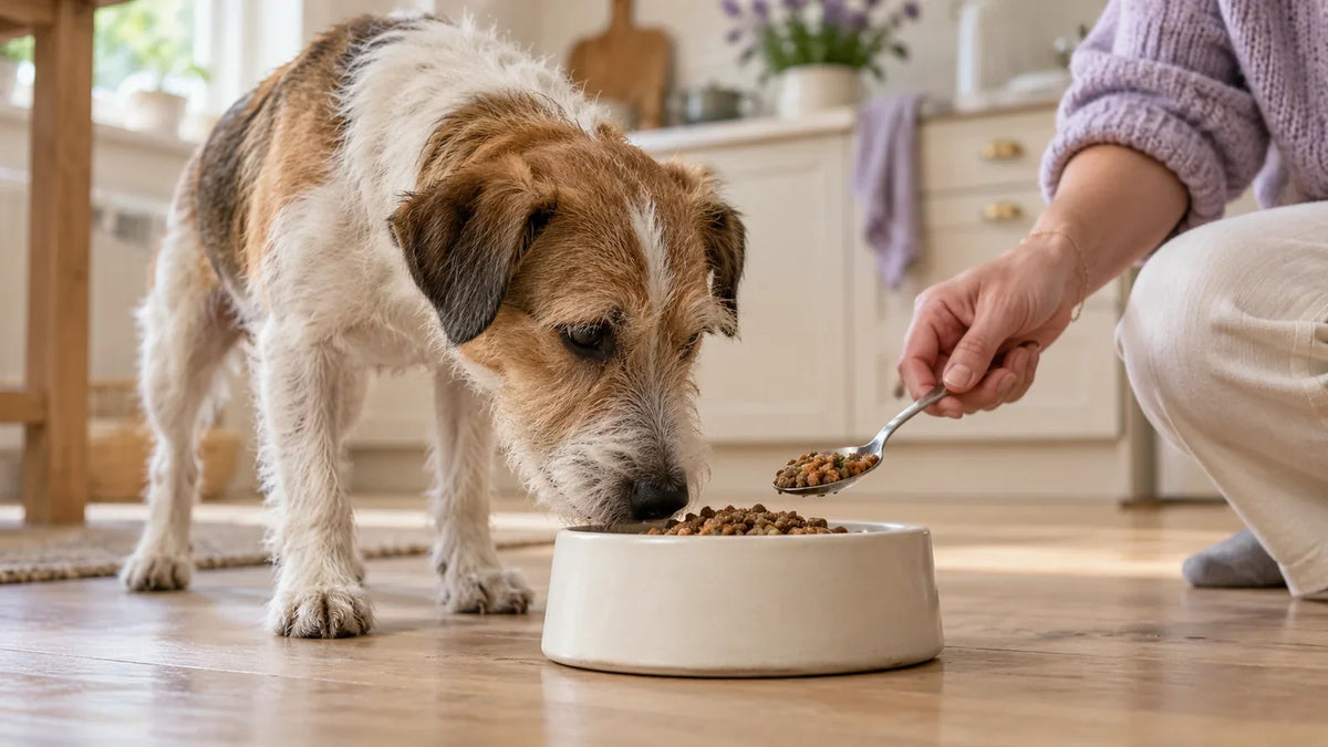 Terrier sniffing food in a ceramic bowl beside an owner’s spoon.