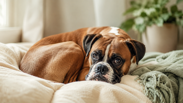 Calm Boxer curled up resting on a soft blanket in cozy light — how to prepare your dog for fireworks season