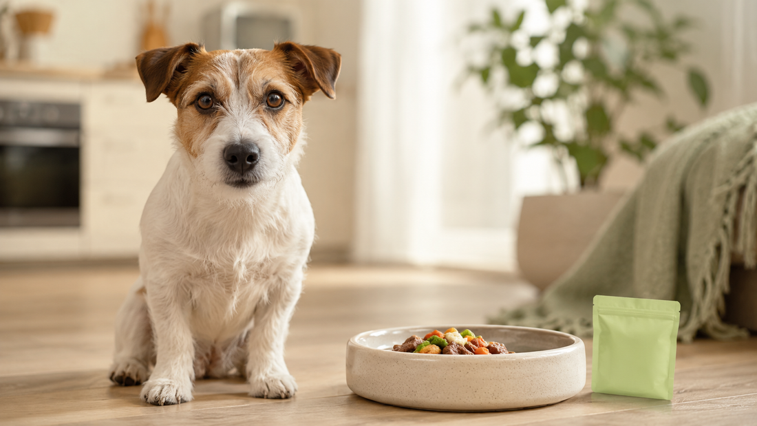 Jack Russell Terrier sitting beside a fresh meal bowl in a bright calm kitchen, illustrating how to read the signs of gut imbalance in your dog