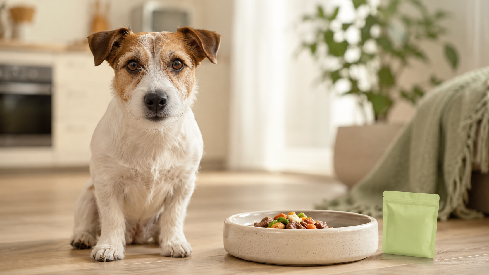 Jack Russell Terrier sitting beside a fresh meal bowl in a bright calm kitchen, illustrating how to read the signs of gut imbalance in your dog
