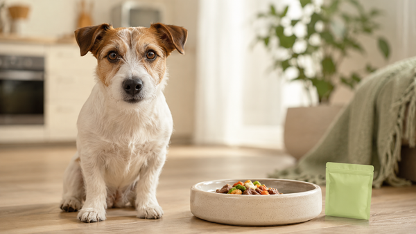 Jack Russell Terrier sitting beside a fresh meal bowl in a bright calm kitchen, illustrating how to read the signs of gut imbalance in your dog