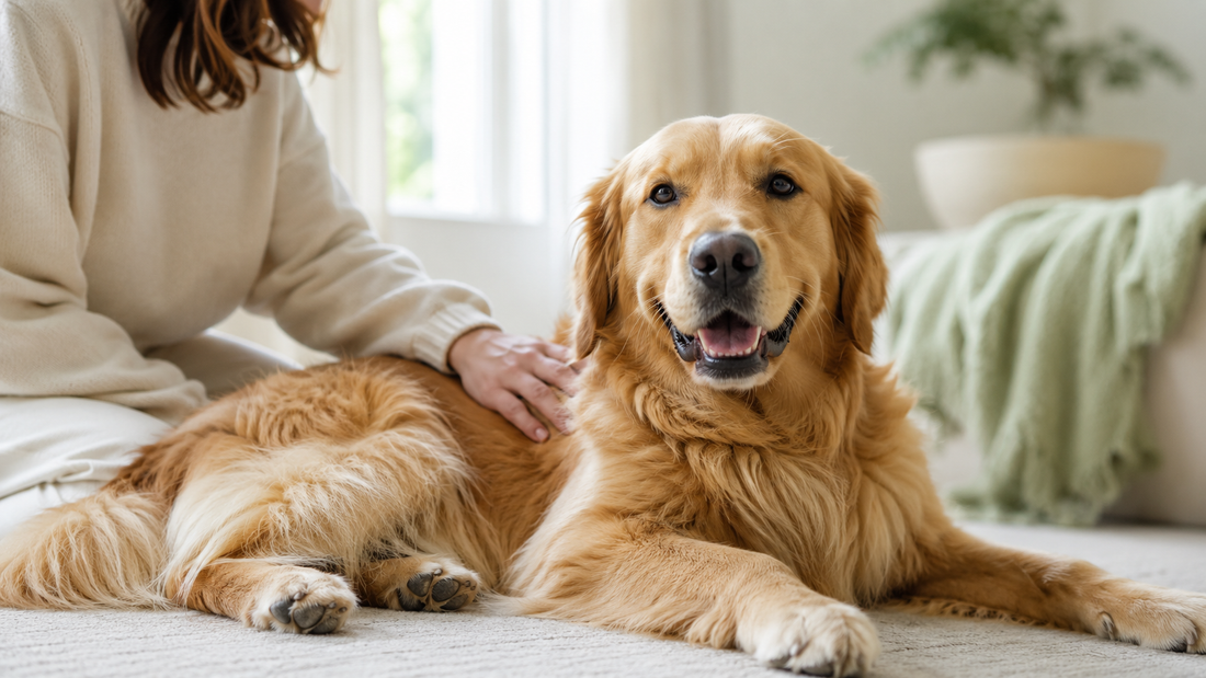 Healthy glossy-coated Golden Retriever lying relaxed as its owner strokes its back, illustrating how to switch dog food without diarrhea