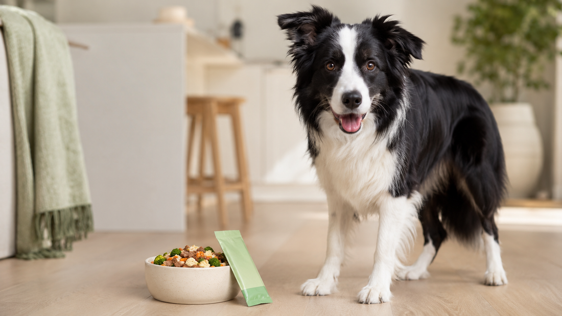 Healthy Border Collie standing beside a fresh meal bowl and a plain supplement sachet in a calm kitchen, illustrating managing inflammatory bowel disease (IBD) in dogs