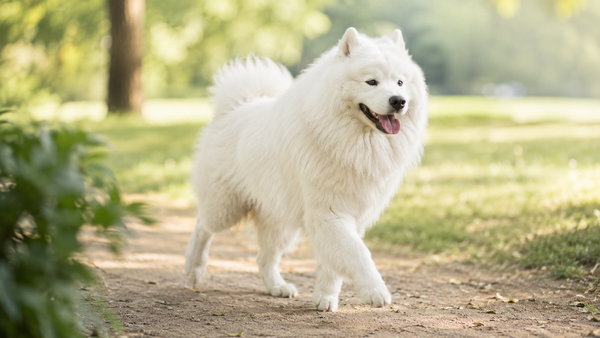 Active Samoyed trotting mid-stride on a sunlit park path, illustrating strong canine joint and bone health and whether glucosamine and chondroitin really work.