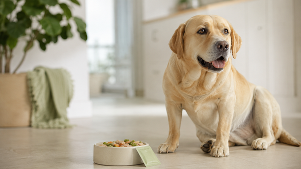 Healthy yellow Labrador Retriever sitting beside a fresh meal bowl and a Plentum supplement sachet in a bright calm room, representing Labrador gut and digestive health