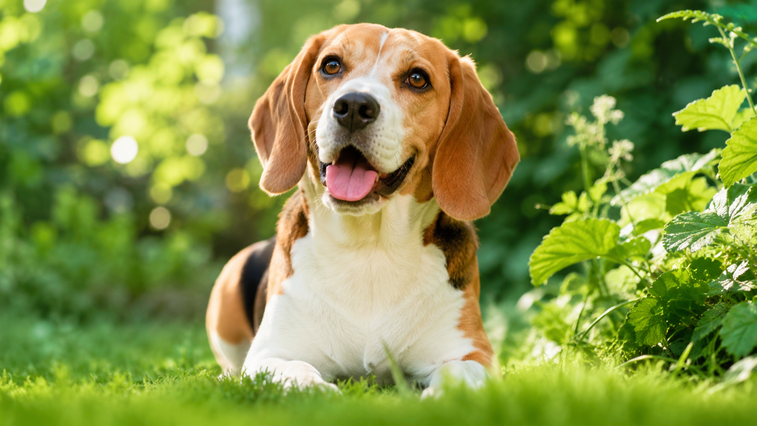 Happy healthy beagle in natural greenery representing inulin prebiotic fiber for dogs digestive health