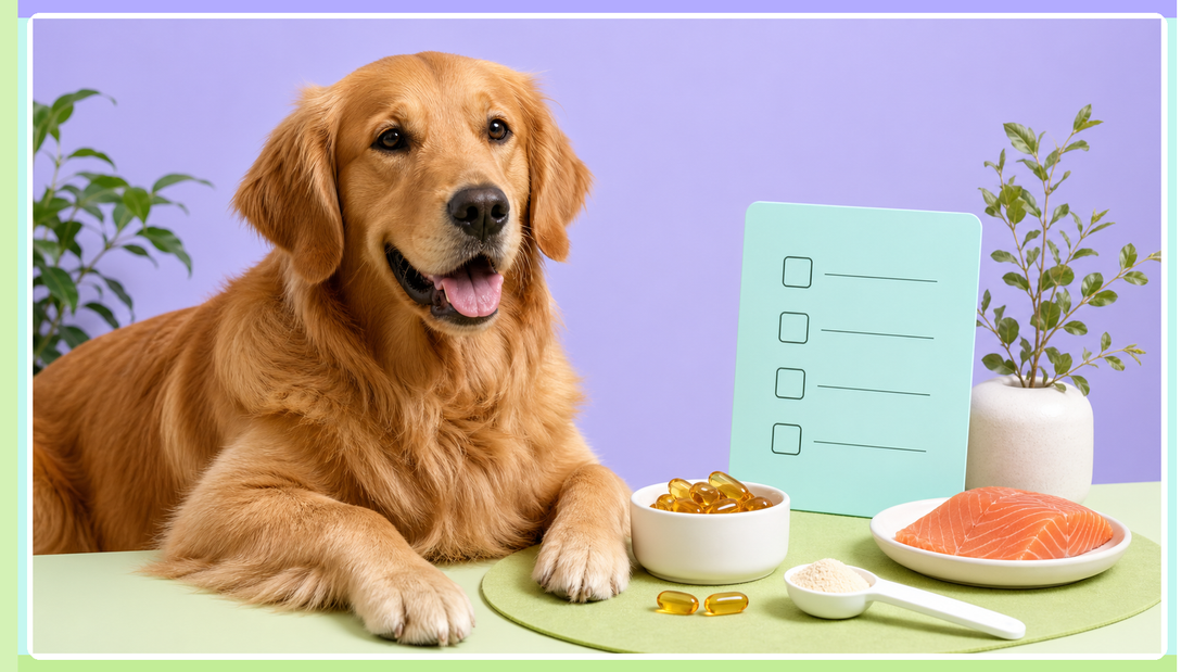 Golden retriever beside fish oil capsules and salmon in Plentum brand colors for an omega-3 dog guide.