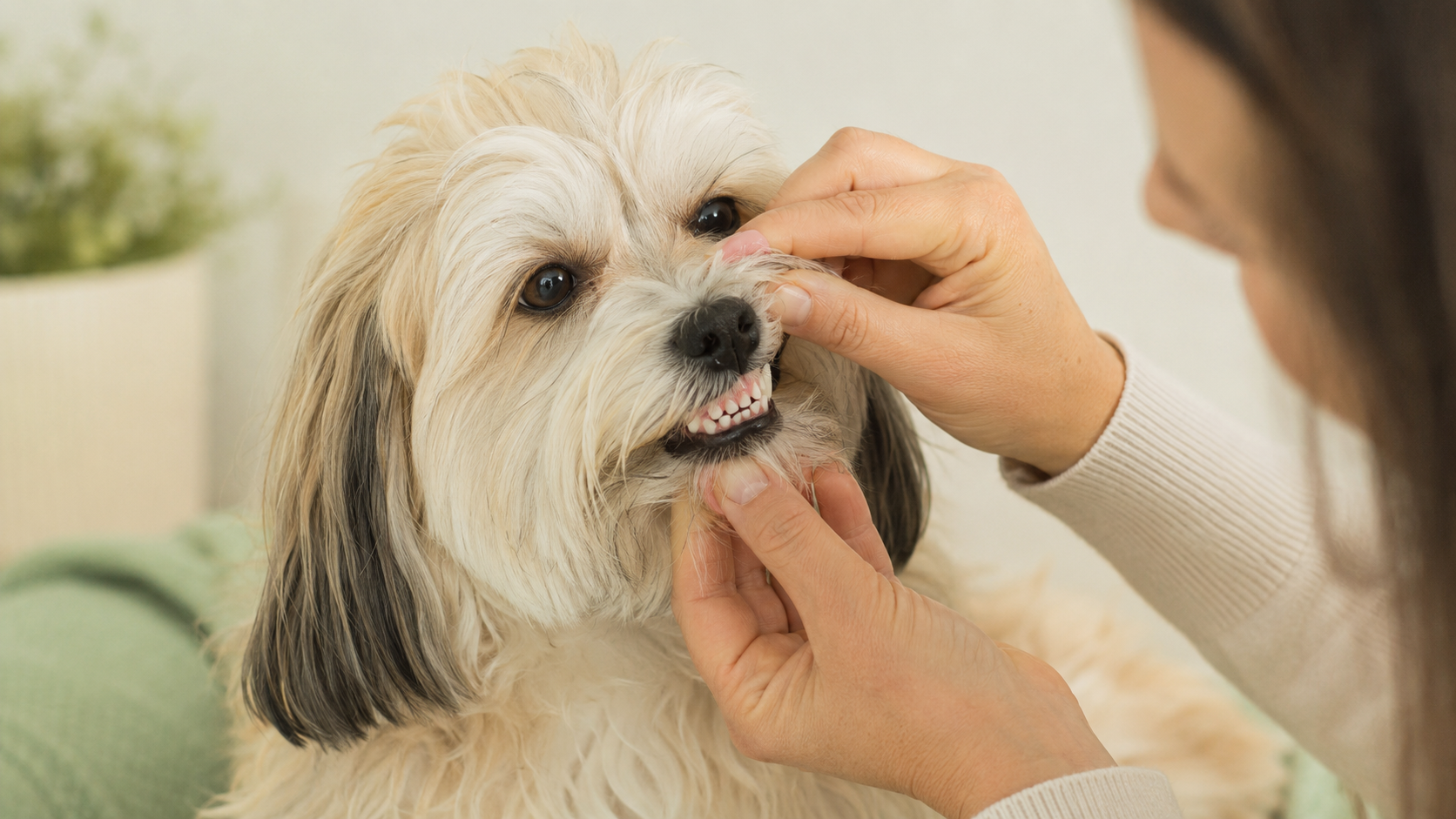 An owner gently lifting a healthy Havanese's lip to reveal clean teeth and fresh gums in warm natural light — representing canine oral health and the gut-mouth axis