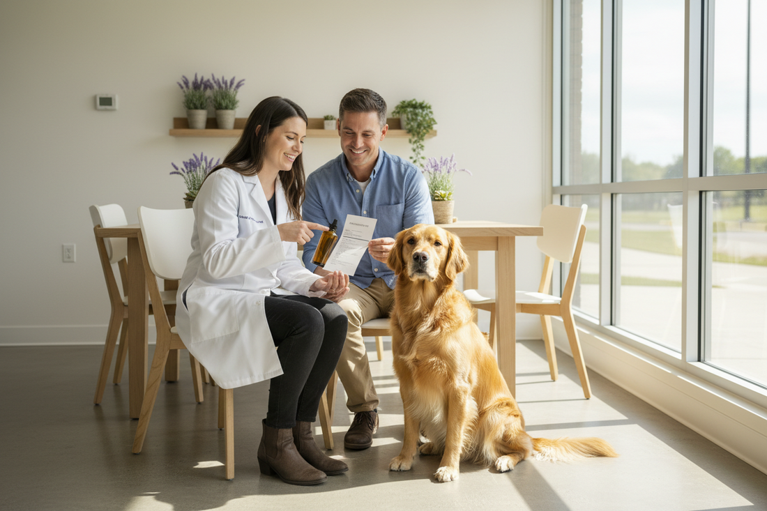 Veterinarian and dog owner reviewing an omega-3 oil label beside a golden retriever