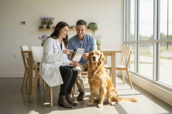 Veterinarian and dog owner reviewing an omega-3 oil label beside a golden retriever