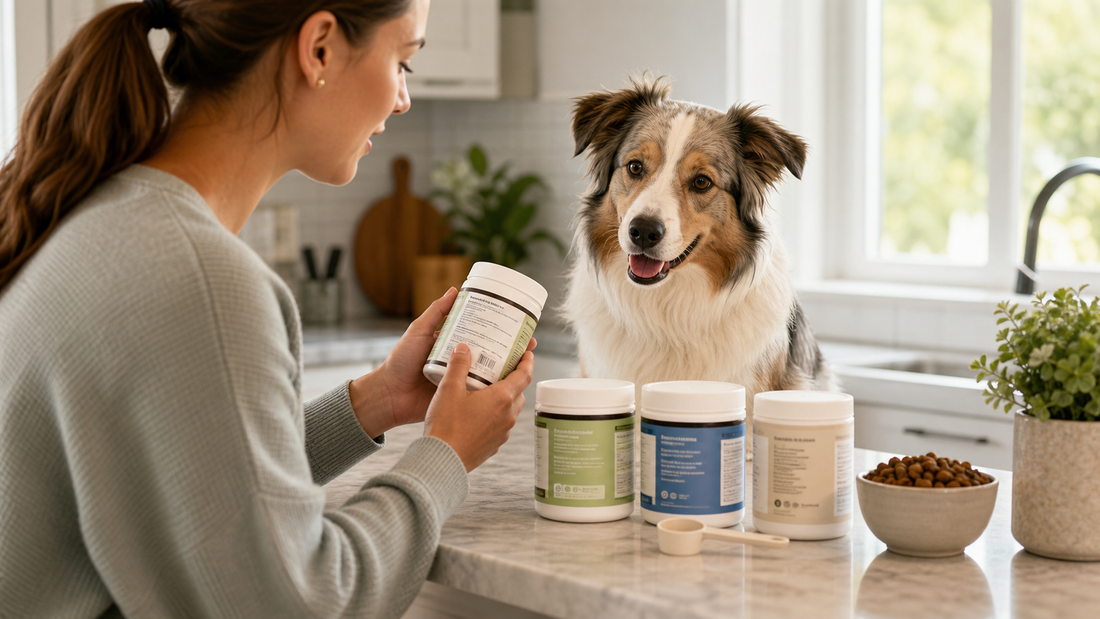 Dog parent comparing dog probiotic supplement labels in a bright kitchen with a calm dog nearby