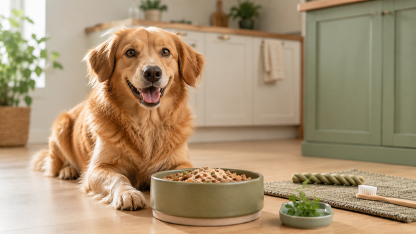 Dog beside a food bowl with oral-care items, representing what to look for in a dog bad-breath supplement