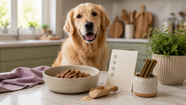 Dog beside a food bowl with oral-care items, representing what to look for in a dog bad-breath supplement