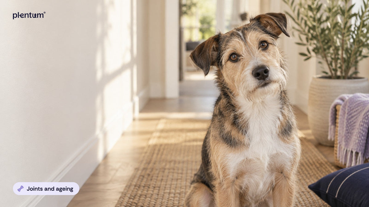 Mixed-breed terrier sitting in a bright hallway with its head tilted, looking up calmly beside a plain white wall