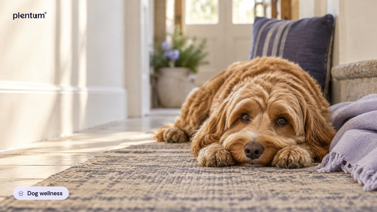 Cockapoo lying on a hallway rug with its chin on its front paws, looking calmly toward the camera in sunlight