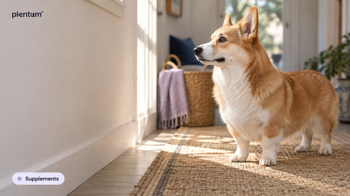 Pembroke corgi standing on a woven runner rug in a sunlit hallway, looking toward a window