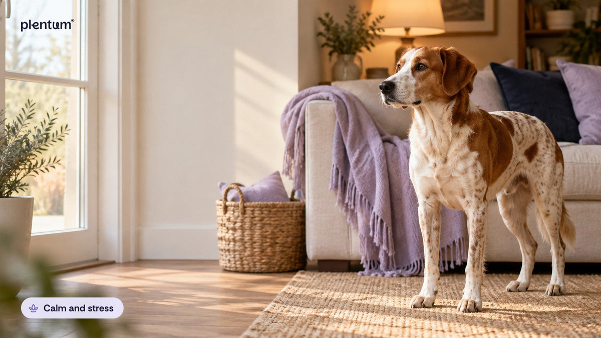 Spotted rust-and-white mixed-breed dog standing calmly on a rug by a sofa, looking toward a sunlit window