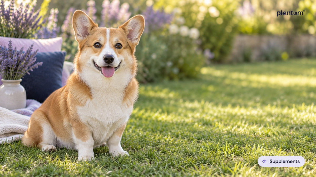 Pembroke corgi sitting on a sunlit garden lawn beside lavender and cushions, facing the camera