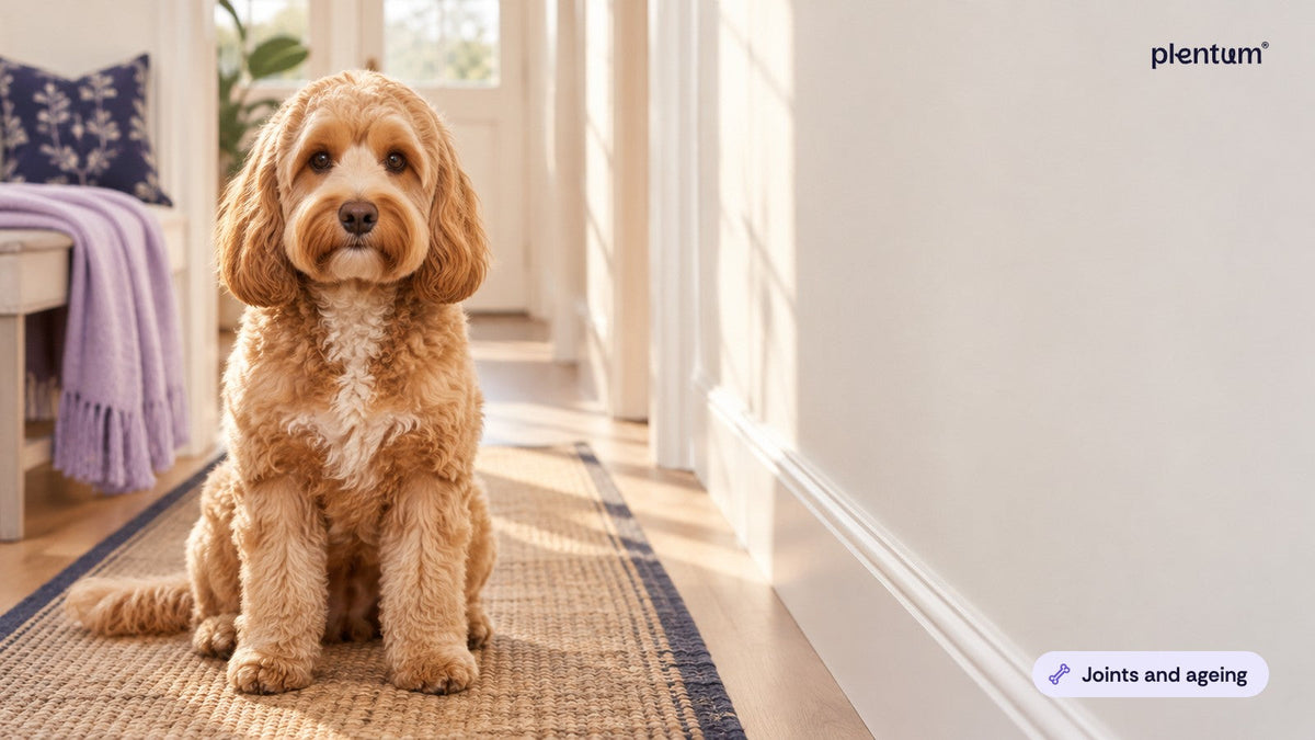 Cockapoo sitting calmly on a runner rug in a sunlit hallway beside a cream wall