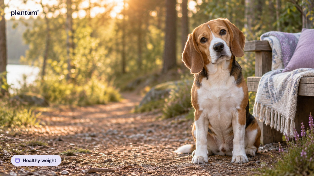 Beagle sitting upright on a woodland trail at golden hour beside a wooden bench, calm and alert