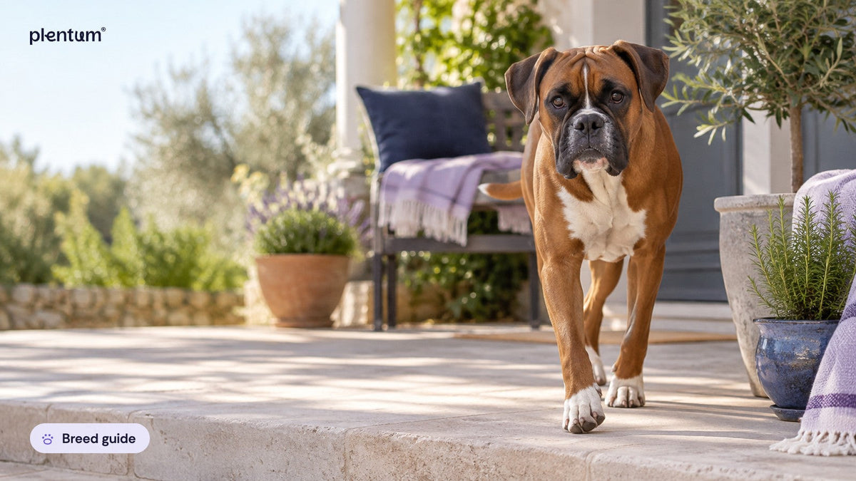 Boxer walking across a sunny stone porch step beside potted herbs and an olive plant