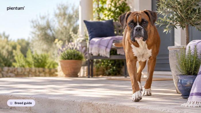 Boxer walking across a sunny stone porch step beside potted herbs and an olive plant