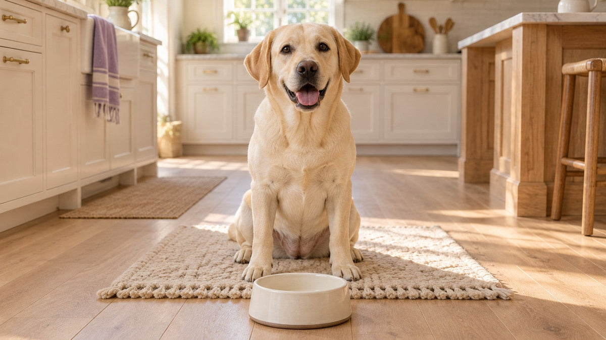 A yellow Labrador retriever sits on a woven rug in a sunny kitchen beside an empty ceramic food bowl.