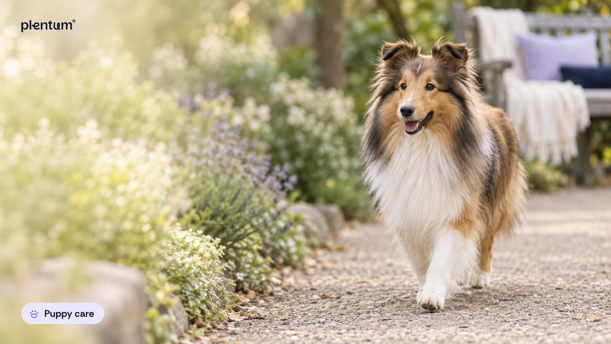 Shetland sheepdog walking calmly on a garden gravel path beside lavender and white flowers