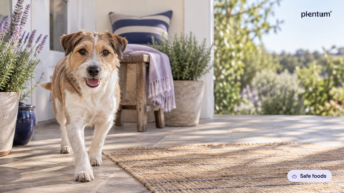Healthy mixed-breed terrier walking calmly toward the camera on a sunny porch beside lavender and herbs