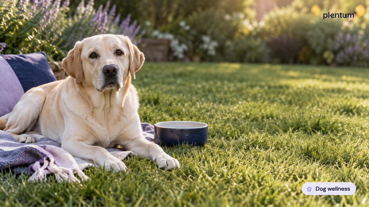 Labrador retriever resting on a striped blanket on a sunlit lawn beside a plain water bowl