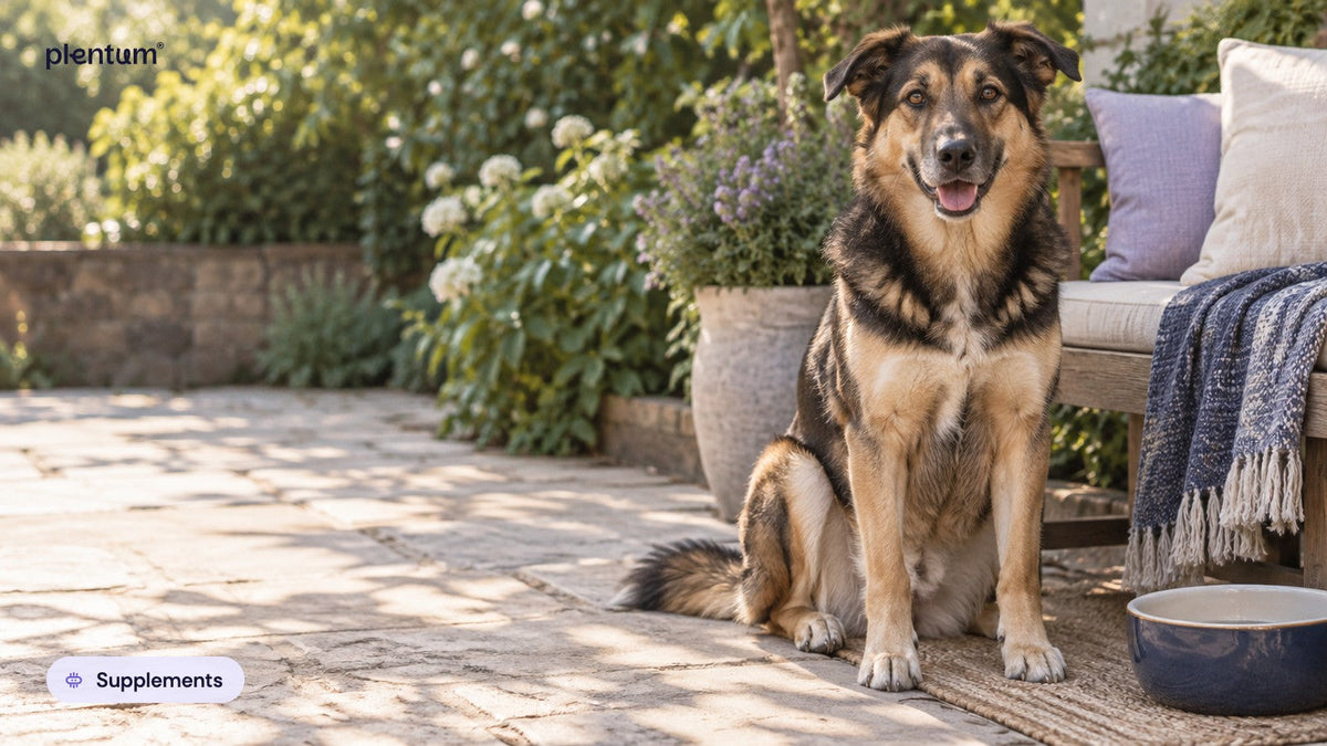 Mixed-breed shepherd sitting calmly on a shaded back-garden patio beside a plain water bowl