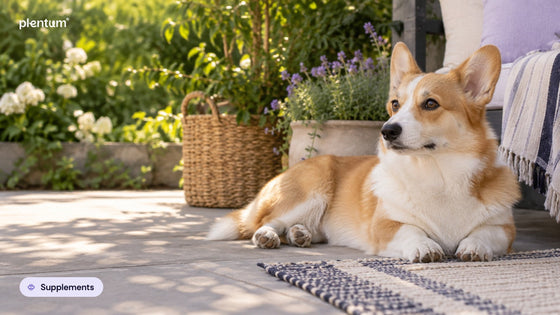 Pembroke corgi resting on a sunny patio beside a lavender planter and woven basket, looking to the side