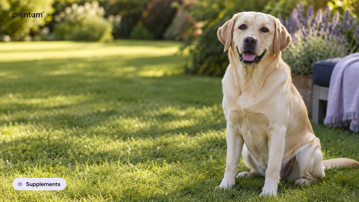 Labrador retriever sitting calmly on a sunny garden lawn beside lavender plants