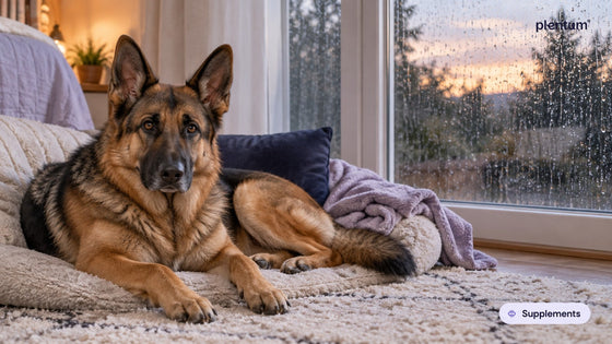 German Shepherd resting on a cream cushion by a rain-streaked window at dusk
