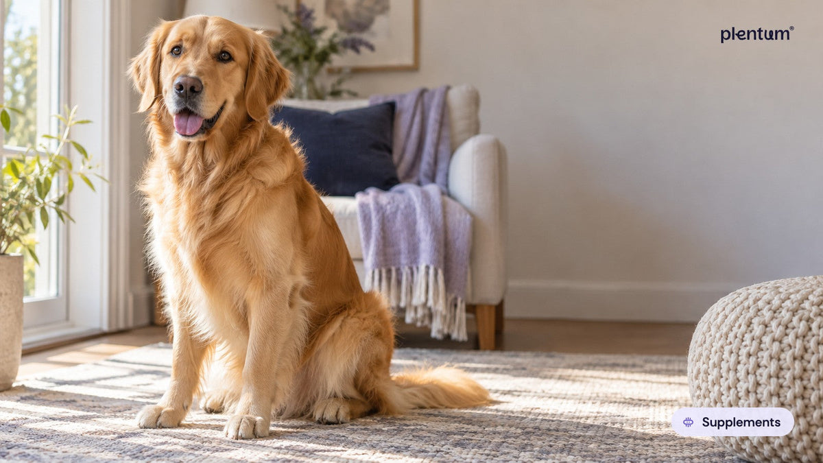 Golden retriever sitting upright on a sunlit living-room rug beside a sofa and a knit pouf, window light