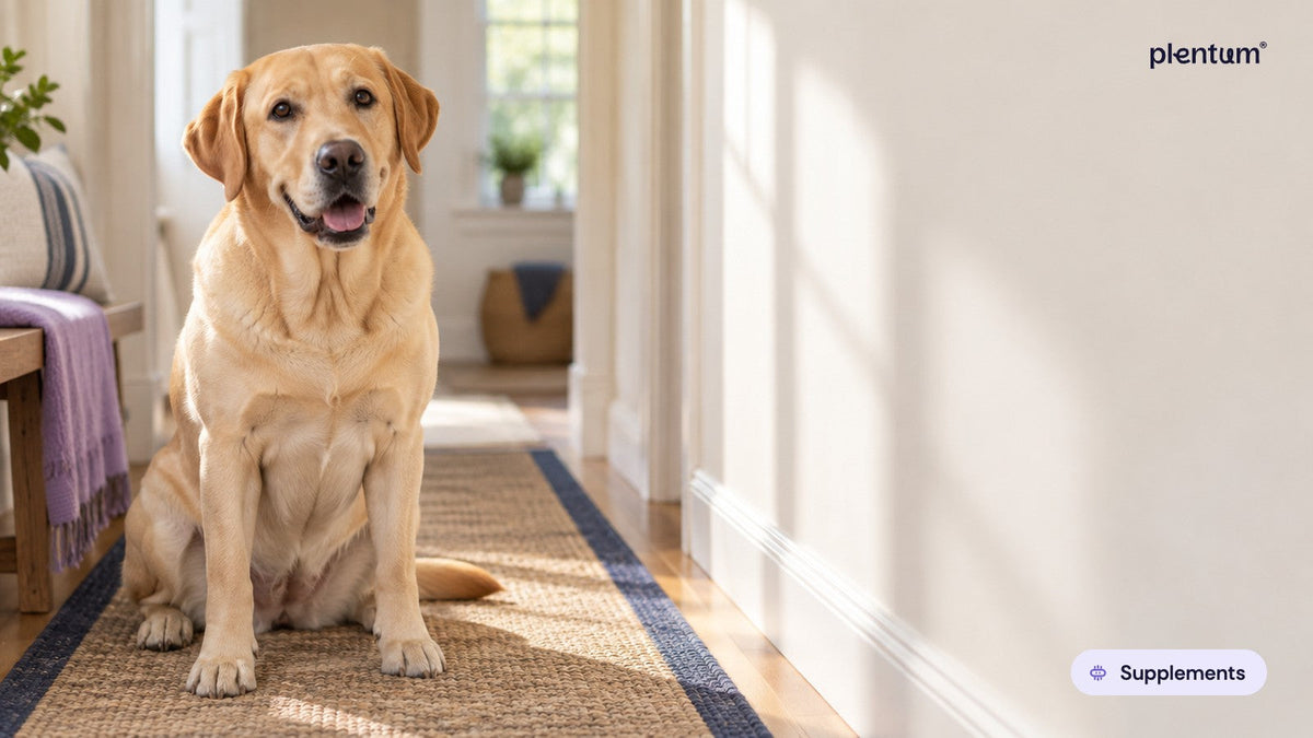 Labrador retriever sitting on a hallway runner beside a cream wall in soft morning light