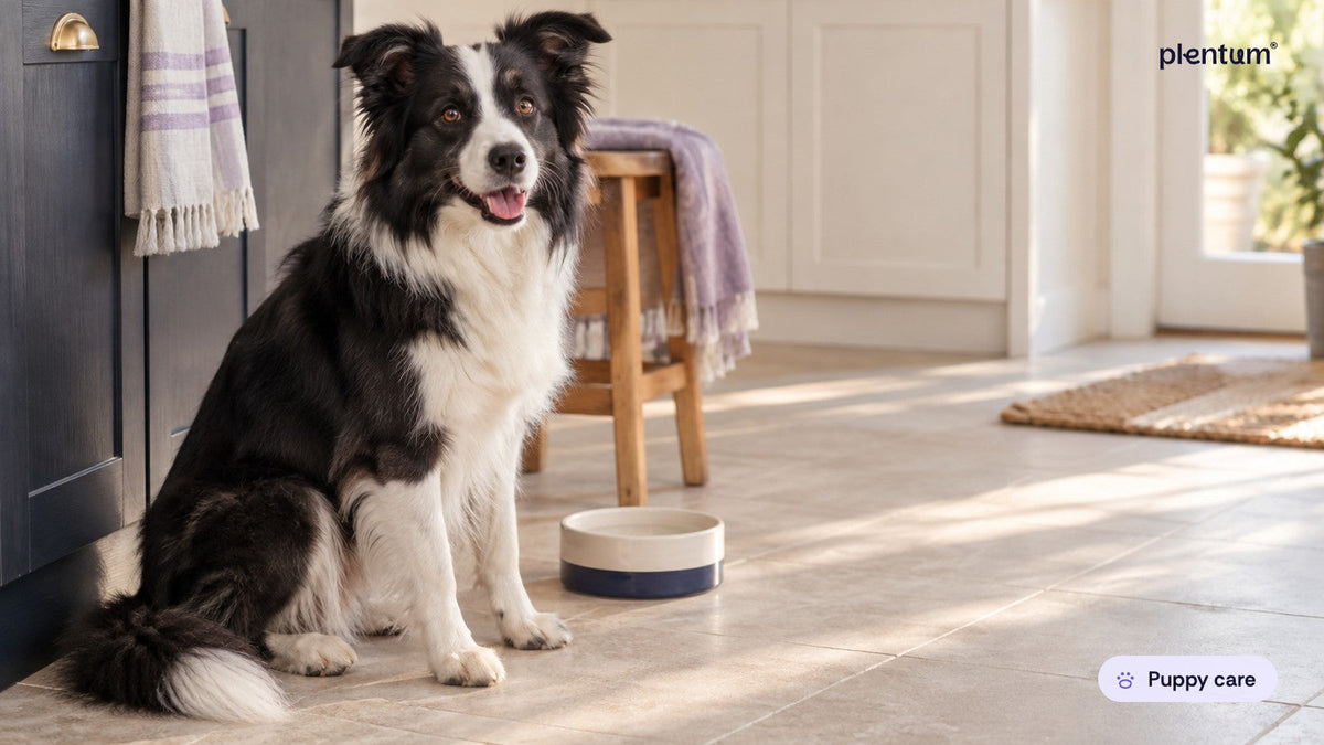 Border collie sitting alert on a sunlit kitchen tile floor beside a plain ceramic water bowl