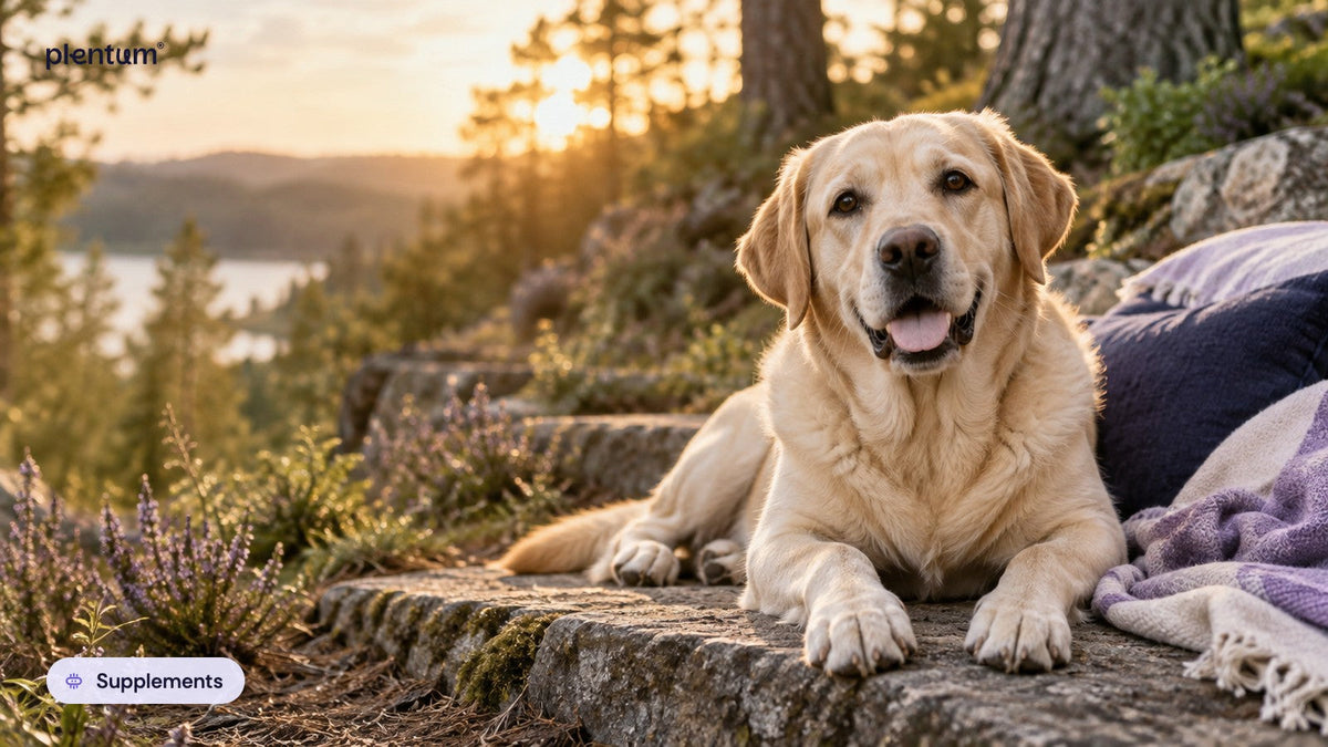 Labrador retriever lying on a stone woodland ledge at sunset beside a lavender throw