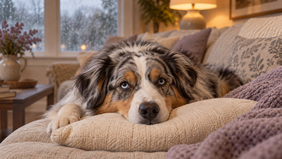A blue merle Australian shepherd rests its chin on a cream cushion on a living room sofa while rain streaks the window behind it.