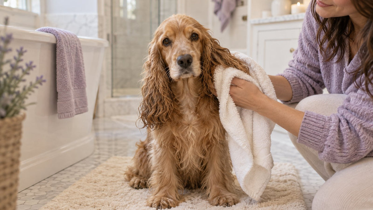 An English cocker spaniel sits on a cream bath mat while its owner gently dries one long ear with a soft white towel.