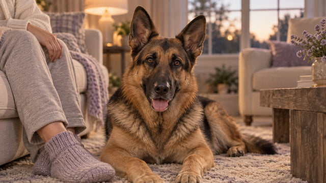 A German shepherd lies relaxed on a living room rug beside its owner's feet in soft evening window light.
