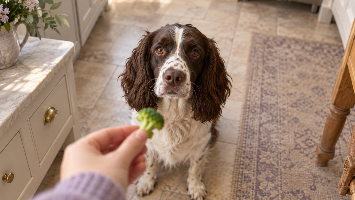 A liver and white springer spaniel sits on a kitchen floor looking up as its owner holds out a small steamed broccoli floret.